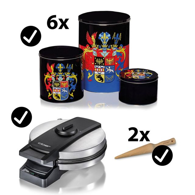 Set mit Neujahrskucheneisen Cloer 2898EF ,  Gebäckdosenset Cloer 90004 und Waffelhorn Cloer 90002