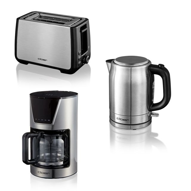 Das Bild zeigt die Kaffeemaschine Cloer 5257, Toaster 3569, Wasserkocher 4519