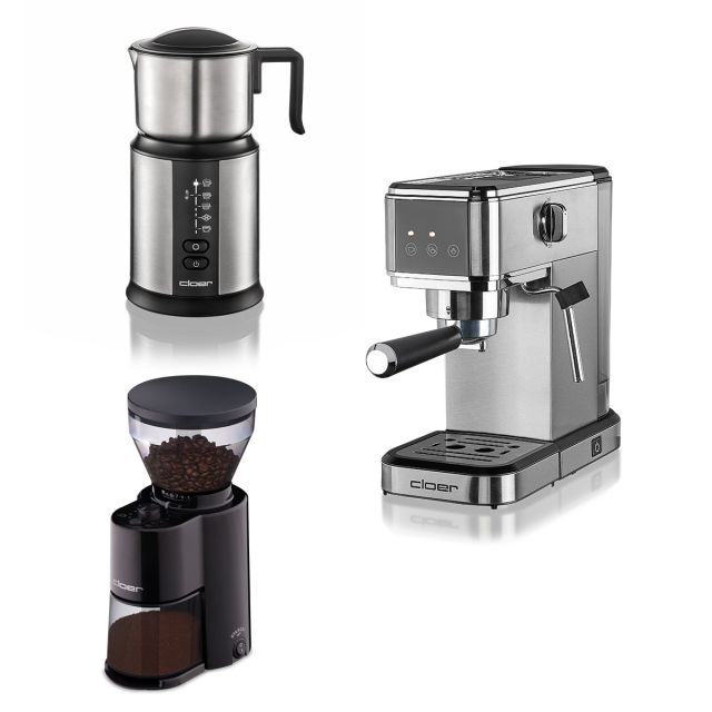 Das Bild zeigt den Milchaufschäumer Cloer 800XL, die Siebträgermaschine Cloer 5829, die Kaffeemühle 7520