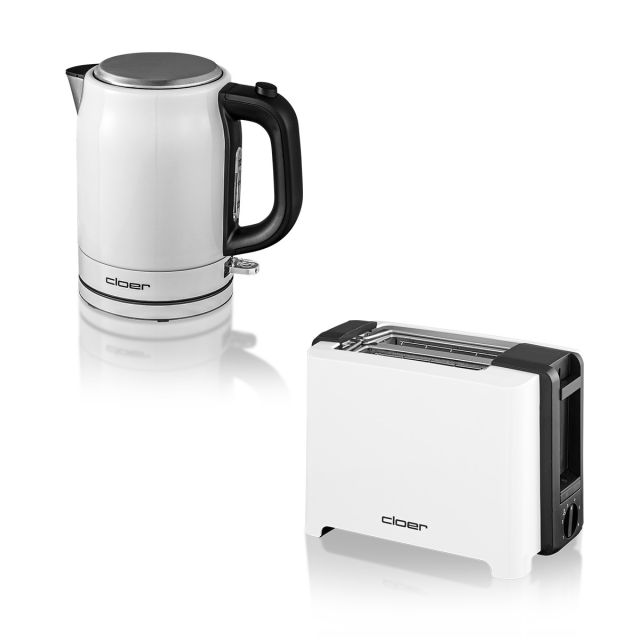 Das Bild zeigt den Wasserkocher 4511 in weiß und Toaster Cloer 3531