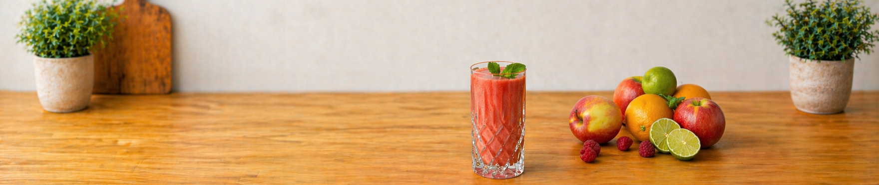 Glas mit rotem Smoothie auf Arbeitsfl&auml;che